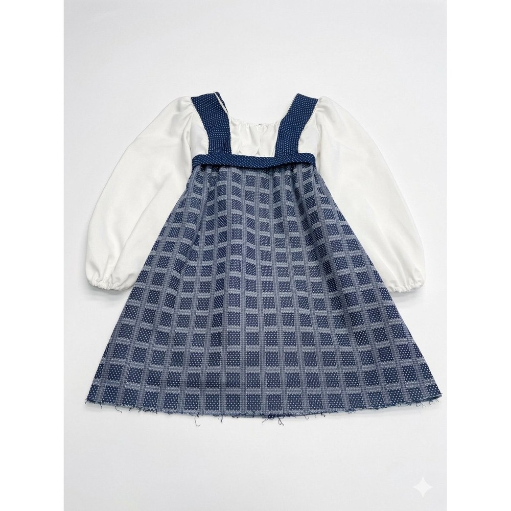 PBJ Dress Women 9 Blue Vintage Plaid Polka Dot Peasant Sleeve Lace Trim